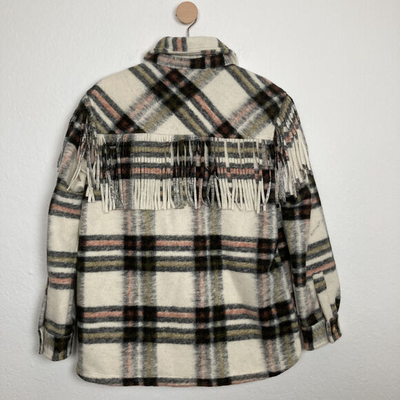 NEW BLANK NYC WOMEN BRAINSTORM MULTICOLOR PLAID FRINGE BUTTON JACKET SIZE MEDIUM - Picture 3 of 7